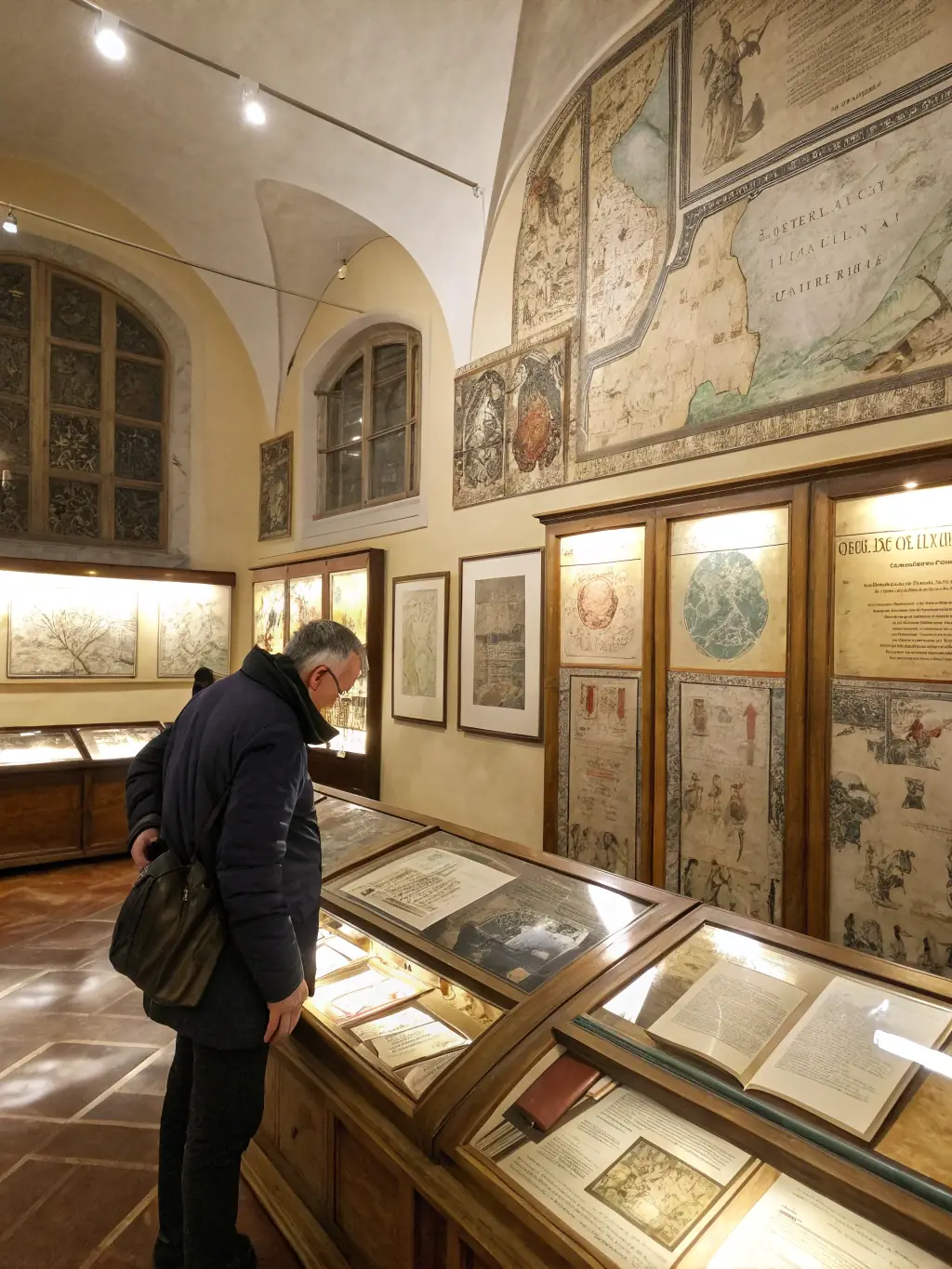 Researchers examining historical documents and maps in the local archives, highlighting the research and inventory efforts of the organization.