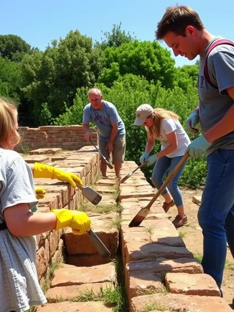 A group of volunteers restoring an old stone wall in the village of Verrieres, showcasing the hands-on restoration work undertaken by VERRIERES PATRIMOINE GRANDE CHAMPAGNE.
